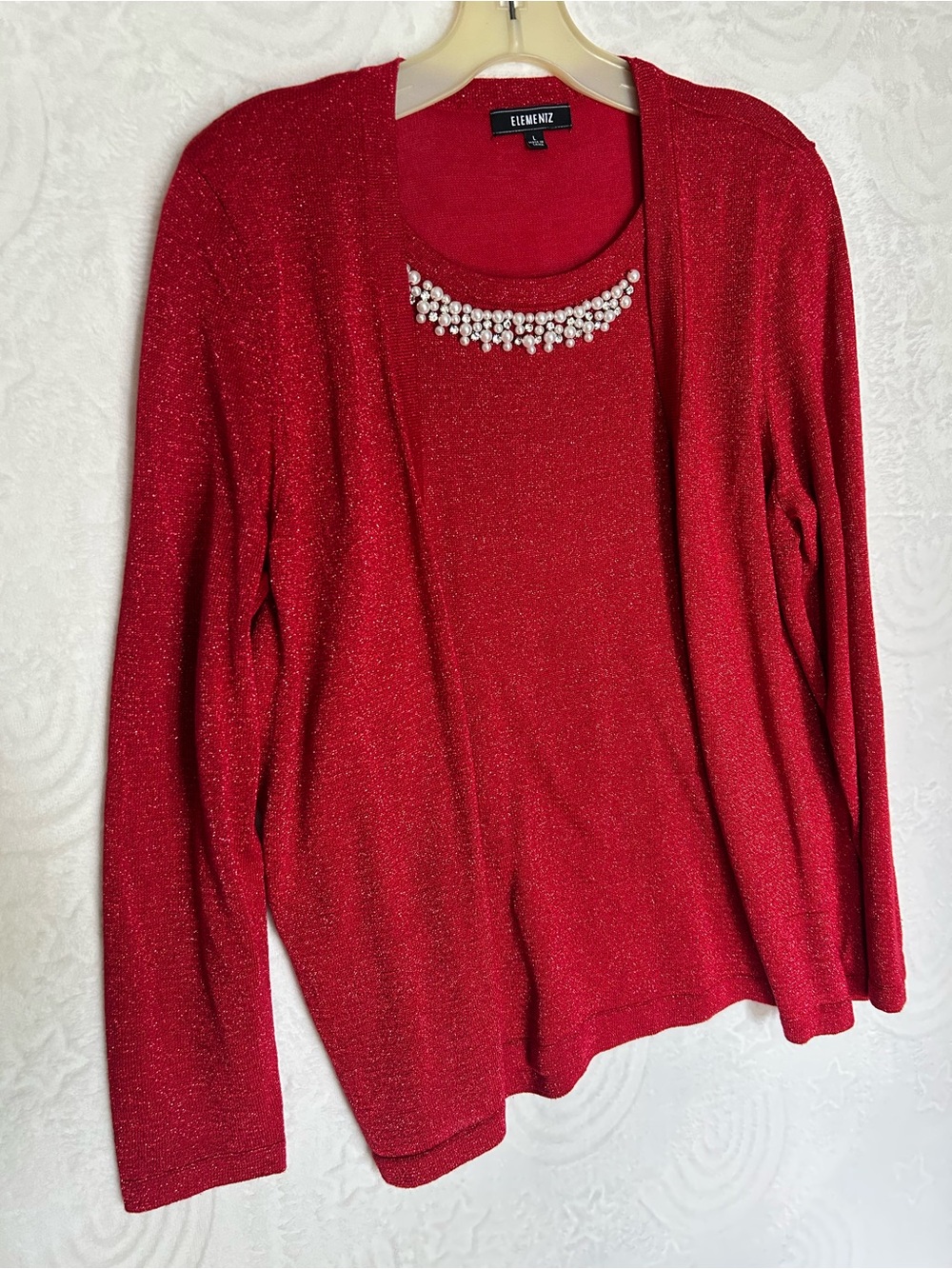 Vintage Elementz Sparkling Red Cardigan and Shell Top with Pearl Accent